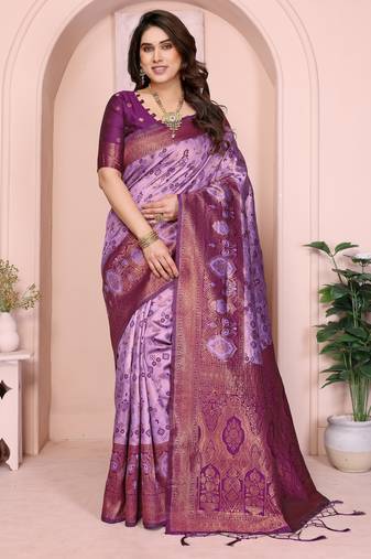 Lavender wine  soft silk blend banarasi jacuard work designer party wear saree with unstitched blouse piece