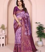 Lavender wine  soft silk blend banarasi jacuard work designer party wear saree with unstitched blouse piece