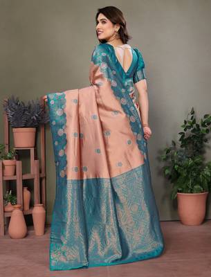 rama peach silk blend banarasi saree with unstitched blouse piece 3