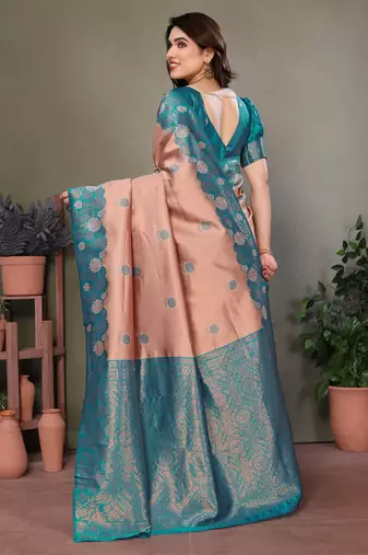 rama peach silk blend banarasi saree with unstitched blouse piece