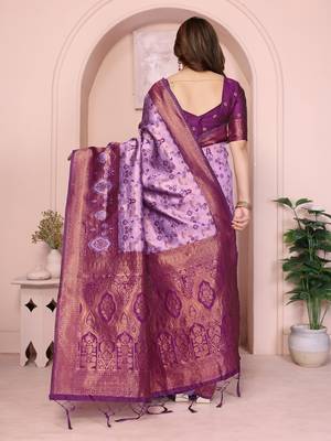 Lavender wine silk blend banarasi saree with unstitched blouse piece 2