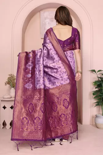 Lavender wine silk blend banarasi saree with unstitched blouse piece