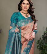 rama peach silk blend banarasi saree with unstitched blouse piece