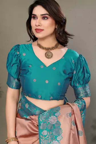 rama peach silk blend banarasi saree with unstitched blouse piece