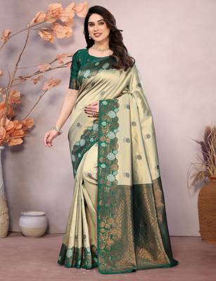 pista green silk blend banarasi saree with unstitched blouse piece 2