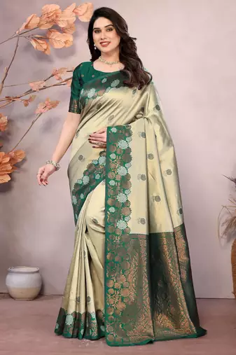 pista green silk blend banarasi saree with unstitched blouse piece
