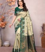 Pista green  soft silk blend banarasi jacuard work designer party wear saree with unstitched blouse piece