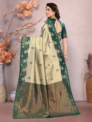 pista green silk blend banarasi saree with unstitched blouse piece 3