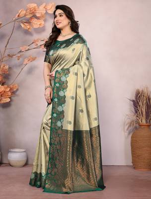 pista green silk blend banarasi saree with unstitched blouse piece 4