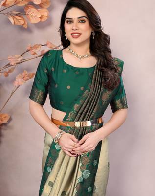 pista green silk blend banarasi saree with unstitched blouse piece 1