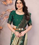 pista green silk blend banarasi saree with unstitched blouse piece