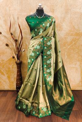 pista green silk blend banarasi saree with unstitched blouse piece 1