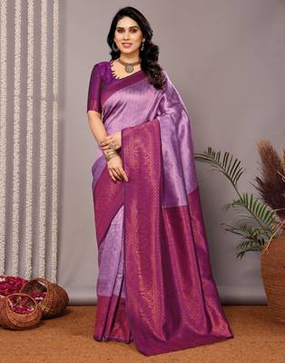 lavender silk blend banarasi saree with unstitched blouse piece 2