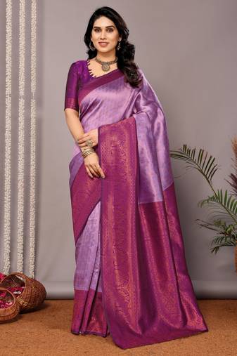 Lavender  soft silk blend banarasi jacuard work designer party wear saree with unstitched blouse piece