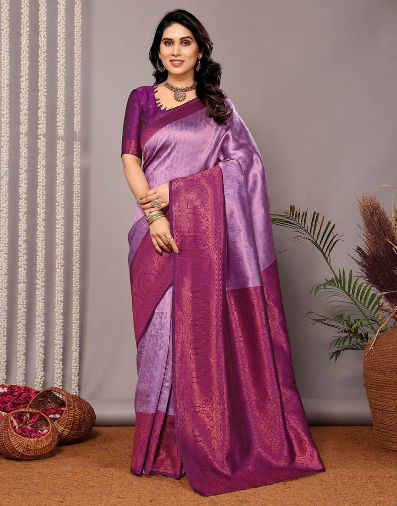 Lavender  soft silk blend banarasi jacuard work designer party wear saree with unstitched blouse piece