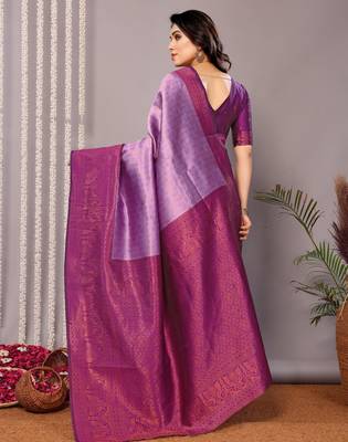 lavender silk blend banarasi saree with unstitched blouse piece 3