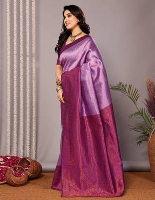 lavender silk blend banarasi saree with unstitched blouse piece 4