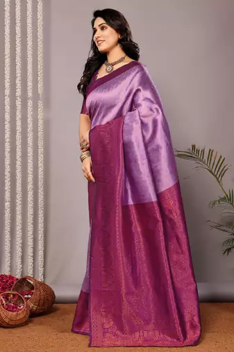 lavender silk blend banarasi saree with unstitched blouse piece