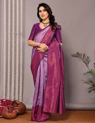 lavender silk blend banarasi saree with unstitched blouse piece 1