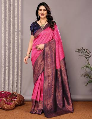 pink neavyblue silk blend banarasi saree with unstitched blouse piece 2