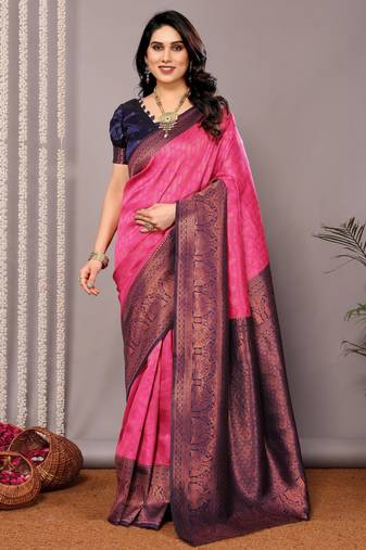 Pink neavyblue soft silk blend banarasi jacuard work designer party wear saree with unstitched blouse piece