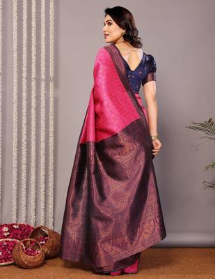 pink neavyblue silk blend banarasi saree with unstitched blouse piece 3