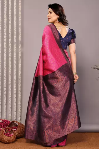 pink neavyblue silk blend banarasi saree with unstitched blouse piece