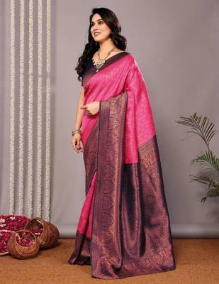 pink neavyblue silk blend banarasi saree with unstitched blouse piece 4