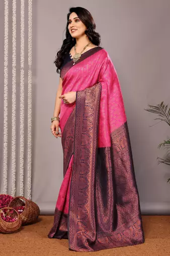 pink neavyblue silk blend banarasi saree with unstitched blouse piece
