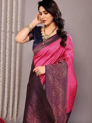 pink neavyblue silk blend banarasi saree with unstitched blouse piece 1