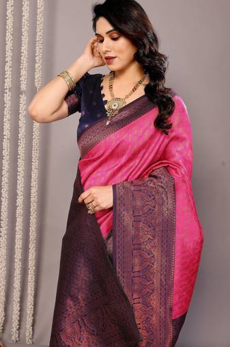 pink neavyblue soft art silk blend banarasi jacuard work designer party wear saree with unstitched blouse piece
