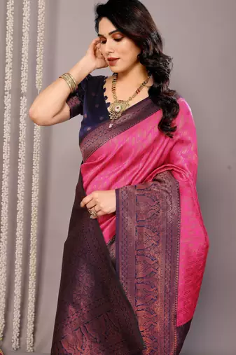 pink neavyblue soft art silk blend banarasi jacuard work designer party wear saree with unstitched blouse piece