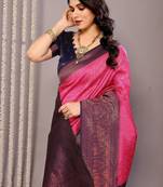 pink neavyblue soft art silk blend banarasi jacuard work designer party wear saree with unstitched blouse piece