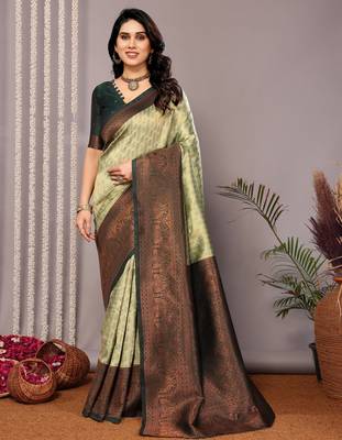 pista green silk blend banarasi saree with unstitched blouse piece 2