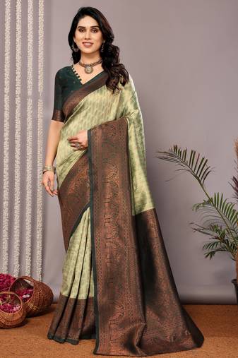 Pista green soft silk blend banarasi jacuard work designer party wear saree with unstitched blouse piece
