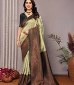 Pista green soft silk blend banarasi jacuard work designer party wear saree with unstitched blouse piece