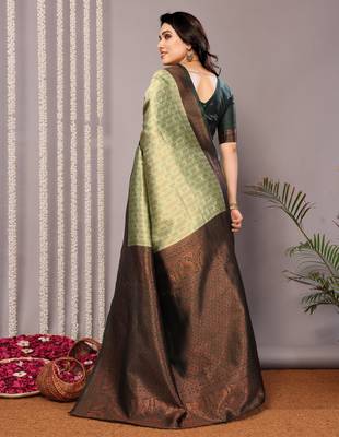 pista green silk blend banarasi saree with unstitched blouse piece 3