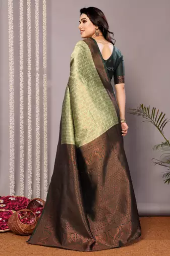 pista green silk blend banarasi saree with unstitched blouse piece
