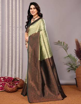 pista green silk blend banarasi saree with unstitched blouse piece 4