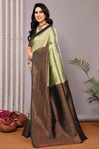 pista green silk blend banarasi saree with unstitched blouse piece