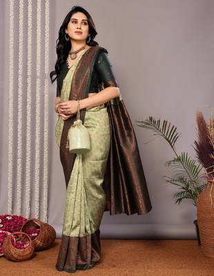 pista green silk blend banarasi saree with unstitched blouse piece 1