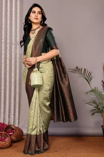 pista green soft art silk blend banarasi jacuard work designer party wear saree with unstitched blouse piece
