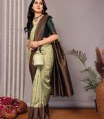 pista green silk blend banarasi saree with unstitched blouse piece
