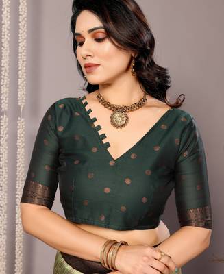 pista green silk blend banarasi saree with unstitched blouse piece 5