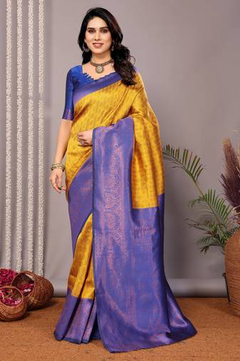 Yellow royalblue soft silk blend banarasi jacuard work designer party wear saree with unstitched blouse piece