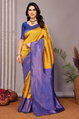 Yellow royalblue soft silk blend banarasi jacuard work designer party wear saree with unstitched blouse piece