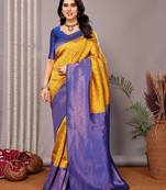 Yellow royalblue soft silk blend banarasi jacuard work designer party wear saree with unstitched blouse piece