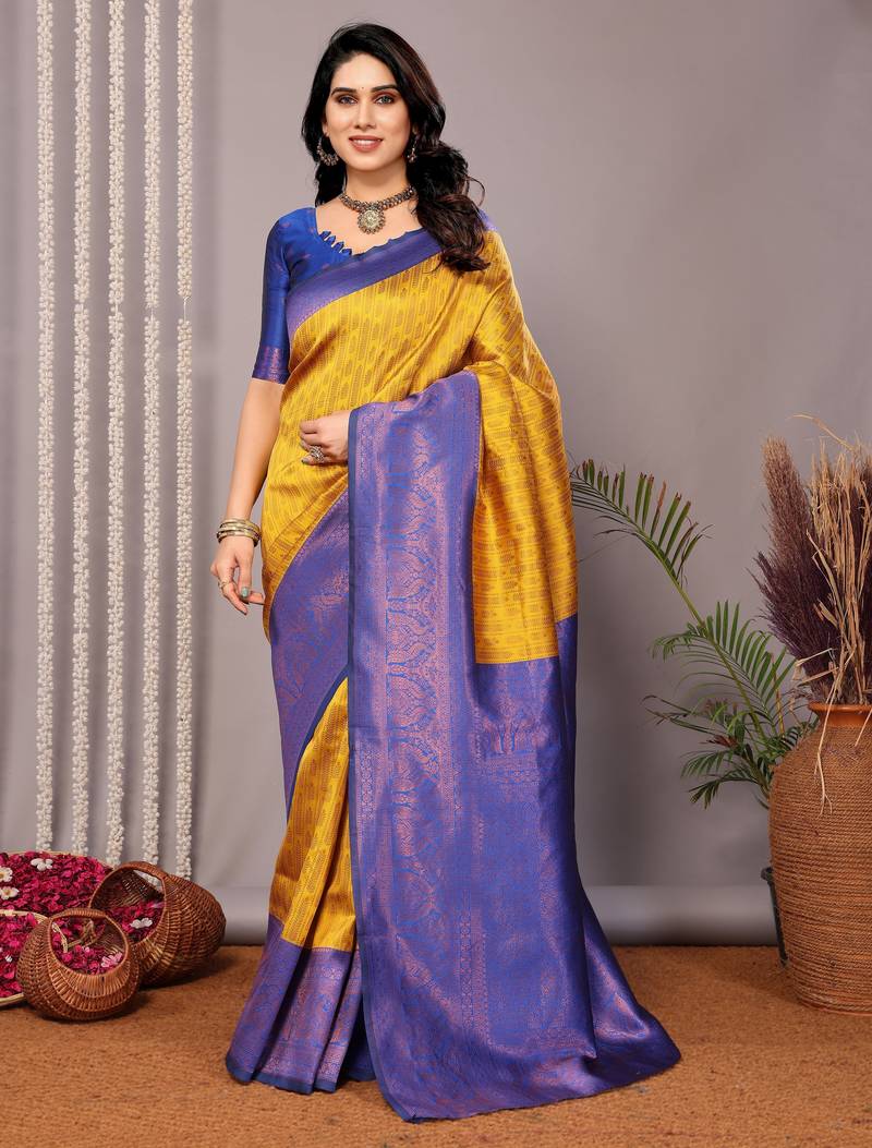 Yellow royalblue soft silk blend banarasi jacuard work designer party wear saree with unstitched blouse piece