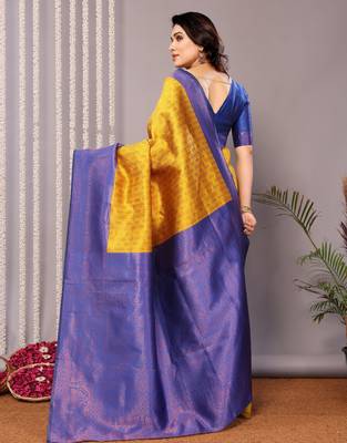 yellow royalblue silk blend banarasi saree with unstitched blouse piece 3