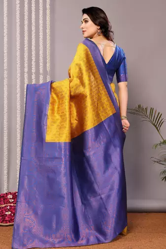 yellow royalblue silk blend banarasi saree with unstitched blouse piece
